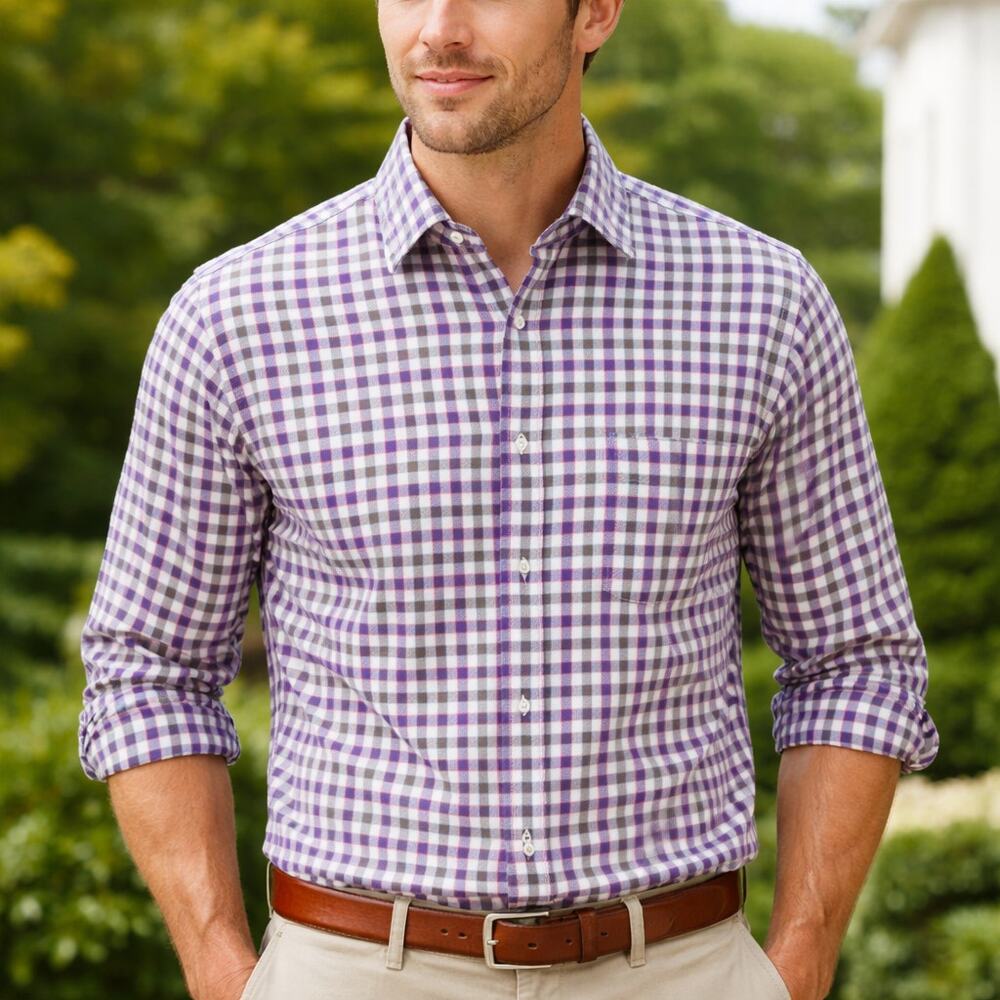 Peter Millar SZ M 100% Soft Cotton Plaid Button Down Shirt Purple Brown Orange